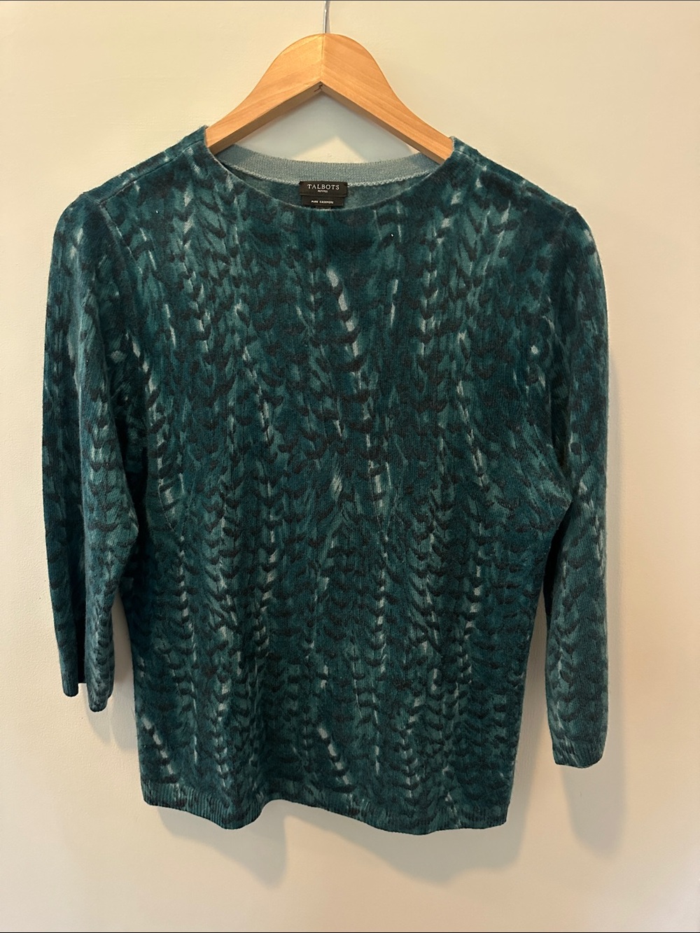 Talbots Cashmere Teal Patterned Crewneck Sweater